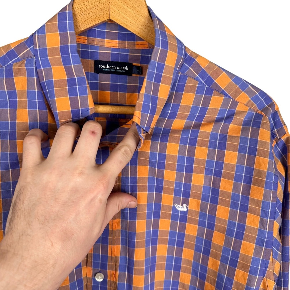 Southern Marsh Mens Plaid Button Down Shirt Orange Purple Wrinkle Free Cotton M